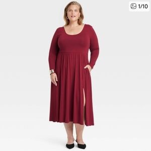 a new day Burgundy Long Sleeve Flowy Fit And Flare Dress With Pockets